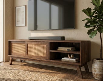 ミッドセンチュリーモダンスタイルのメディアコンソール：収納付き木製テレビ台