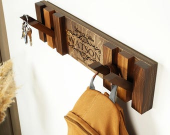 Personalized Wooden Piano Coat Rack, Rustic Entryway Organizer, Walnut Wall Hanging