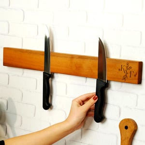 Walnut Wooden Knife Holder with Magnetic Mount, Personalized Mom Kitchen Rack, Rustic Design