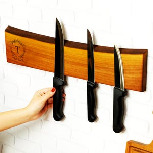 Personalized Walnut Magnetic Knife Holder, Custom Engraved Wooden Wall Rack, Handmade Kitchen Organizer
