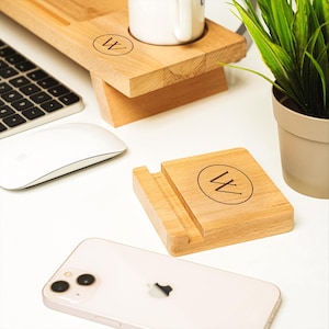 Anniversary Gift Personalized Desk Phone Holder, Office Desk Organizer Wooden Trays, Custom Christmas Gift, Home Office Decor,  Laptop Stand