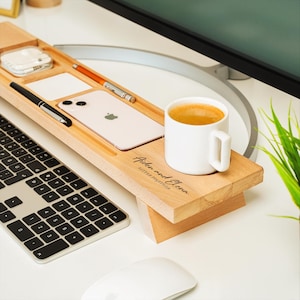Personalized Wooden Desk Organizer Set, Beech Wood, Cell Phone Stand
