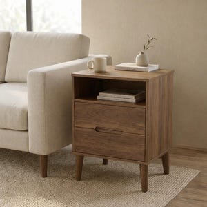 Nattduksbord i trä med låda och hylla från mitten av århundradet