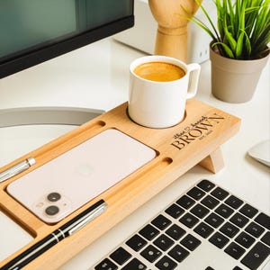 Personalized Wood Desk Organizer Set, Home Office Desk Storage, Docking Station Desk Trays, Phone Holder, Custom Monogram Anniversary Gift