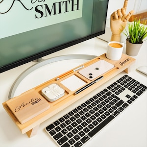 Support pour stylo-plume en bois, ensemble de rangement de bureau personnalisé, remerciements pour l'enseignant, cadeau de Noël, support pour téléphone, plateau de rangement monogramme personnalisé