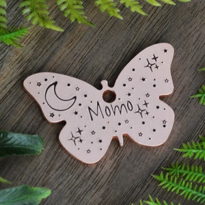 Hand Stamped Butterfly Dog Tag: Moonlit Stars, Custom Pet ID