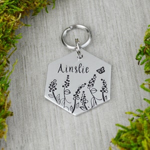 Fields of Heather Handstamped Hexagon Pet ID Tag • Personalized Pet/Dog ID Tag • Dog Collar Tag • Custom Engraved Dog Tag