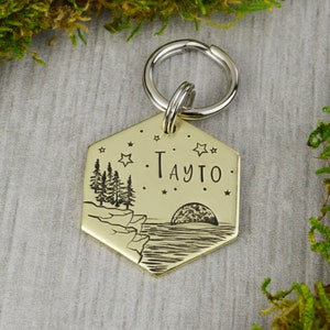 Coastal Moonrise Handstamped Hexagon Pet ID Tag • Personalized Pet/Dog ID Tag • Dog Collar Tag • Custom Engraved Dog Tag