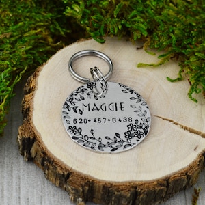 Floral Handstamped Pet ID Tag • Personalized Pet/Dog ID Tag • Dog Collar Tag • Custom Engraved Dog Tag