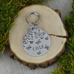 Handstamped Butterfly Pet ID Tag: Personalized Floral Dog Collar Tag