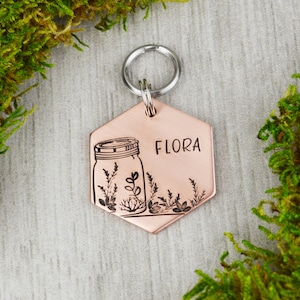Terrarium, Too! Handstamped Hexagon Pet ID Tag • Personalized Pet/Dog ID Tag with roses/feathers • Dog Collar Tag • Custom Engraved Dog Tag