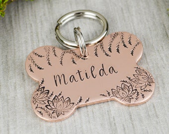 Lotus Garden Handstamped Pet ID Tag • Personalized Pet/Dog ID Tag • Dog Bone Collar Tag • Custom Engraved Dog Tag