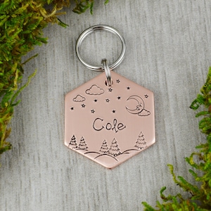 Winter Nights Handstamped Hexagon Pet ID Tag • Personalized Pet/Dog ID Tag • Custom Dog Collar Tag • Custom Engraved Dog Tag