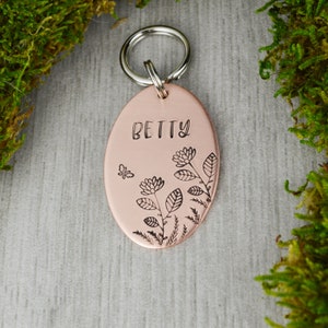 Butterfly in the Dahlias Handstamped Pet ID Tag • Personalized Pet/Dog ID Tag • Dog Collar Tag • Custom Engraved Dog Tag