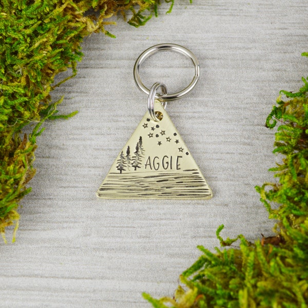Starry Night on the Lake Handstamped Triangle Pet ID Tag • Personalized Pet/Dog ID Tag • Dog Collar Tag • Custom Engraved Dog Tag