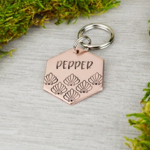 Hand Stamped Floral Pet ID Tag: Custom Engraved Dog Collar Tag
