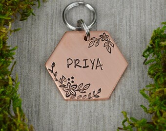 Floral Burst Handstamped Hexagon Pet ID Tag • Personalized Pet/Dog ID Tag • Dog Collar Tag • Custom Engraved Dog Tag