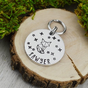 Origami Fox Hand Stamped Pet ID Tag: Personalized Dog Collar Tag