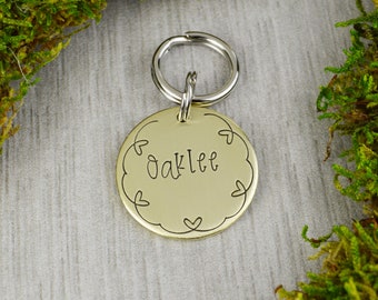 Hearts Border Handstamped Pet ID Tag • Personalized Pet/Dog ID Tag • Dog Collar Tag • Custom Engraved Dog Tag