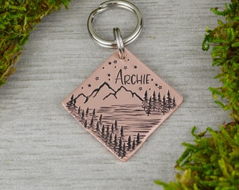 Mountain Lake Handstamped Square Pet ID Tag • Personalized Pet/Dog ID Tag • Dog Collar Tag • Custom Engraved Dog Tag