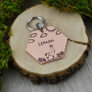 Origami Llama Handstamped Hexagon Pet ID Tag • Personalized Pet/Dog ID Tag • Dog Collar Tag • Custom Engraved Dog Tag