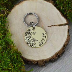 Florals Hand Stamped Pet ID Tag: Custom Engraved Dog Collar Tag