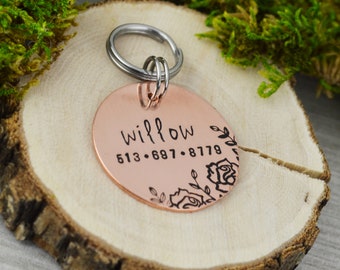 Floral Handstamped Pet ID Tag • Personalized Pet/Dog ID Tag • Dog Collar Tag • Custom Engraved Dog Tag