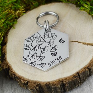 Ginkgo Tree Handstamped Hexagon Pet ID Tag • Personalized Pet/Dog ID Tag • Dog Collar Tag • Custom Engraved Dog Tag