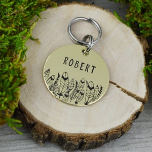 Feathers Handstamped Pet ID Tag • Personalized Pet/Dog ID Tag • Dog Collar Tag • Custom Engraved Dog Tag
