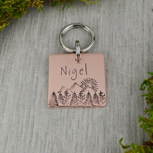 Hand Stamped Mountain Sunrise Pet ID Tag: Personalized Dog Collar Tag
