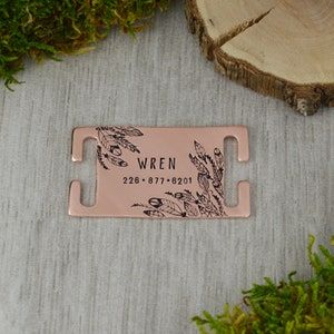 Feathers Handstamped Collar Slide • Personalized Pet/Dog ID Tag • Silent Dog Collar Tag • Custom Engraved Dog Tag