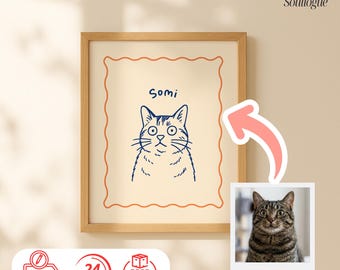 Grappige aangepaste huisdier lijnkunst portret met huisdier foto gepersonaliseerde poster, canvas klaar om op te hangen hondenportretten kat, hondenportretten aangepaste poster
