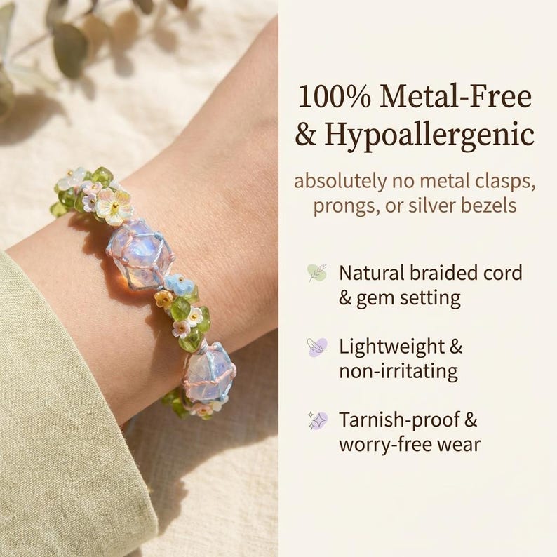 May include: A metal-free, hypoallergenic bracelet with a natural braided cord and gem setting. The bracelet features light blue, white, and green beads, and the text reads "100% Metal-Free & Hypoallergenic".