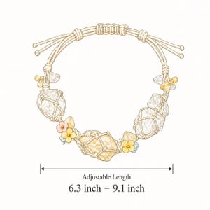 May include: A macrame bracelet with clear and yellow crystals, and small flower accents. The adjustable length is between 6.3 and 9.1 inches. The bracelet is made with a cream-colored cord.