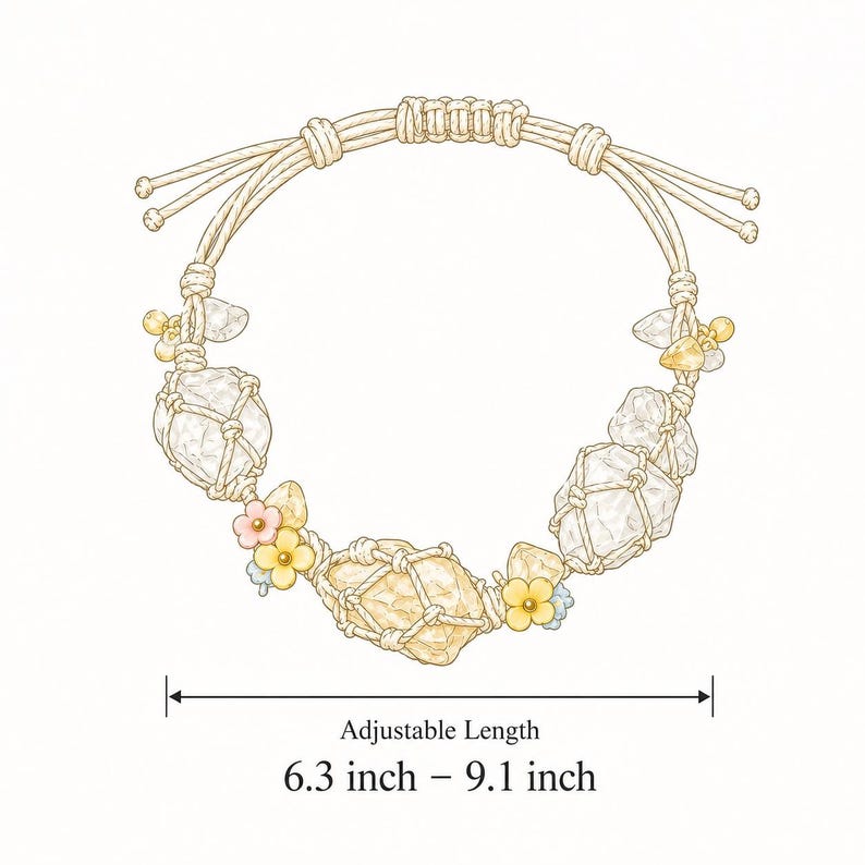 May include: A macrame bracelet with clear and yellow crystals, and small flower accents. The adjustable length is between 6.3 and 9.1 inches. The bracelet is made with a cream-colored cord.