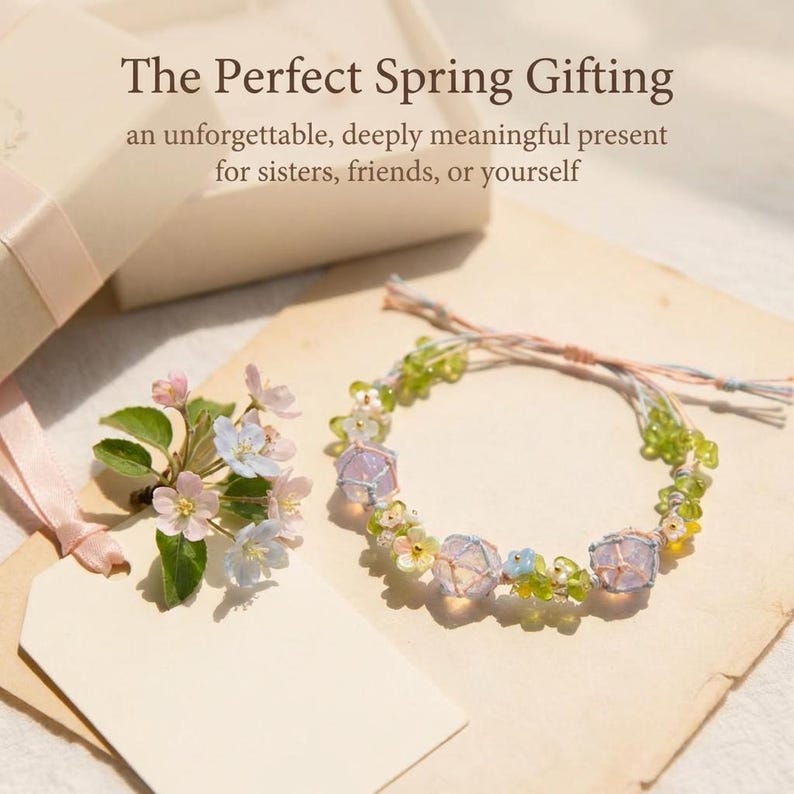 May include: A delicate floral bracelet with light blue and lavender accents, alongside a small bouquet of pink and blue flowers. The text reads "The Perfect Spring Gifting" and "an unforgettable, deeply meaningful present for sisters, friends, or yourself."