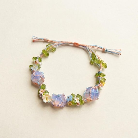 Mori Kei Raw Crystal Bracelet, Cottagecore Handwoven Botanical Jewelry, Metal Free String Macrame Cuff, Spring Nature Lover Gift for Her