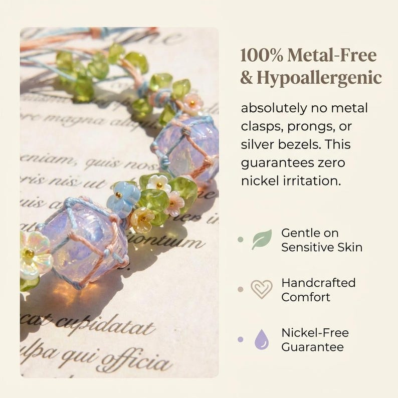 May include: A close-up of a handcrafted, metal-free necklace with light blue, green, and white accents. The necklace features a delicate design with small flowers and beads. The text reads "100% Metal-Free & Hypoallergenic."