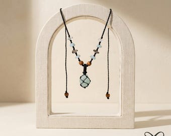 Natural Aquamarine Macrame Necklace, Throat Chakra Healing Crystal Choker, Raw Dark Blue Stone on Black Rope, Earthy Spiritual Amulet