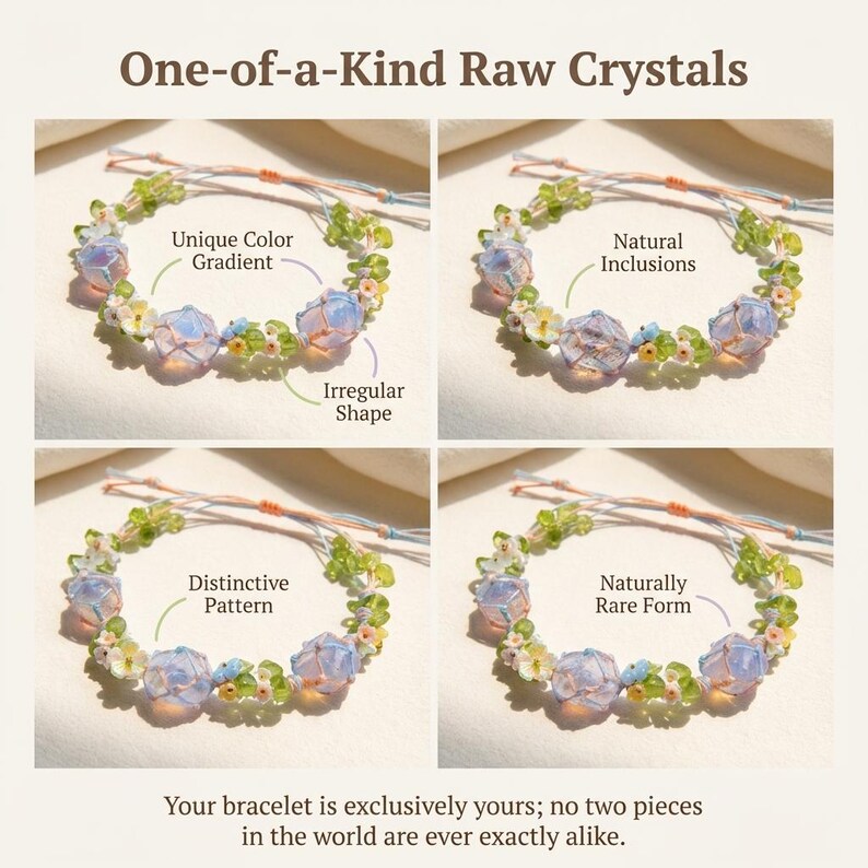 May include: A bracelet featuring raw crystals with unique color gradients, irregular shapes, and natural inclusions. The bracelet is adorned with small green and white floral accents. Text on the image reads "One-of-a-Kind Raw Crystals" and "Your bracelet is exclusively yours; no two pieces in the world are ever exactly alike."