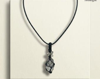 Raw Herkimer Diamond Macrame Necklace, Black Sand Crystal Choker, Boho Double Terminated Quartz Pendant, Vintage Hand Woven Jewelry Gift