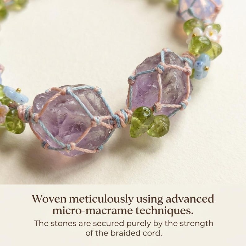 May include: A macrame bracelet featuring large, raw amethyst stones, accented with small green and white beads. The stones are wrapped in a light blue and pink cord, creating a delicate and natural aesthetic.