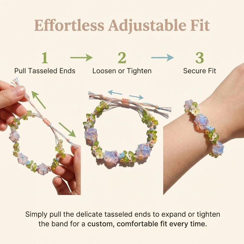 May include: A step-by-step guide on how to adjust a bracelet. The bracelet features a floral design with blue and green accents. The text reads "Effortless Adjustable Fit" and instructs how to pull the tasseled ends to loosen or tighten for a secure fit.