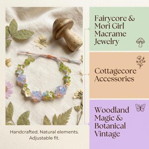May include: A handcrafted macrame bracelet with blue and green beads, and a mushroom figurine. The bracelet is surrounded by dried flowers and leaves. Text on the image reads: Fairycore & Mori Girl Macrame Jewelry, Cottagecore Accessories, Woodland Magic & Botanical Vintage.