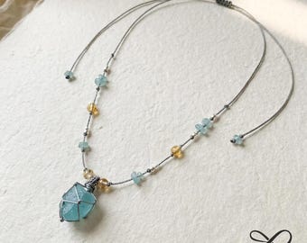 Raw Aquamarine Choker Necklace, Micro Macrame Boho Crystal Pendant, Natural Blue Topaz Wire Wrapped Stone, Unisex March Birthstone Gift