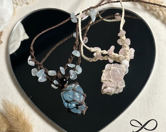 Collar de aguamarina y cuarzo rosa en bruto, gargantilla de macramé hecha a mano, joyería de renacimiento espiritual, colgante de piedra para hombres y mujeres, regalo de renacimiento del alma.