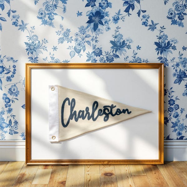 Hand Embroidered Vintage pennant Flag | Custom Charleston City flag | Home Office Decor | Trending Popular Wall Art | Unique Handmade Gifts