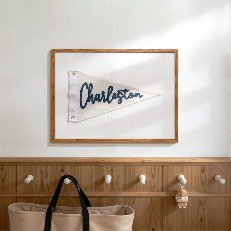 May include: A framed pennant with the word "Charleston" in navy blue script. The pennant is white and triangular, with a navy blue border. The frame is made of wood and is hanging on a white wall.