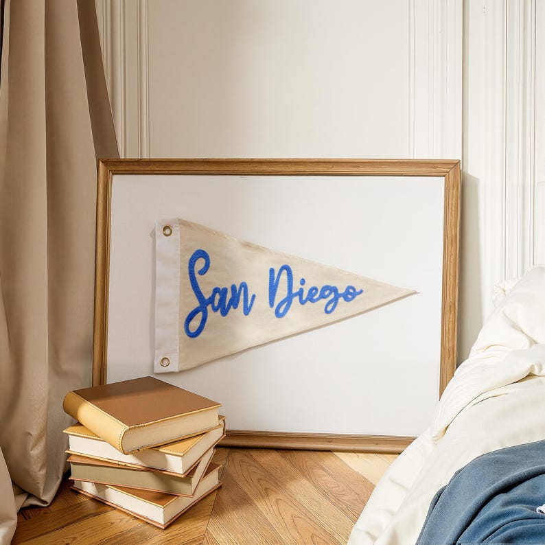 May include: A framed pennant flag with the words "San Diego" in blue script. The flag is beige with a white border and is mounted in a wooden frame. A stack of books sits in front of the frame.