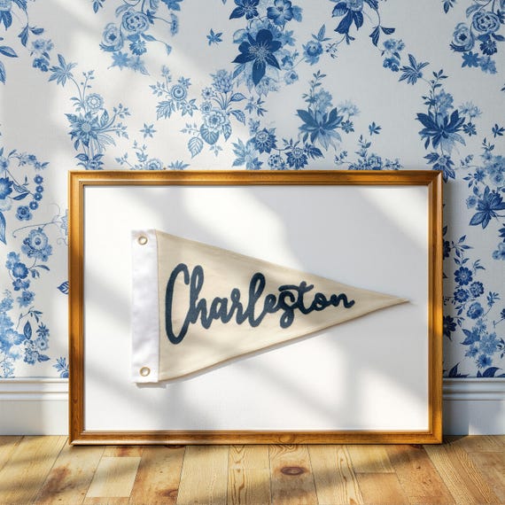 Hand Embroidered Vintage pennant Flag | Custom Charleston City flag | Home Office Decor | Trending Popular Wall Art | Unique Handmade Gifts
